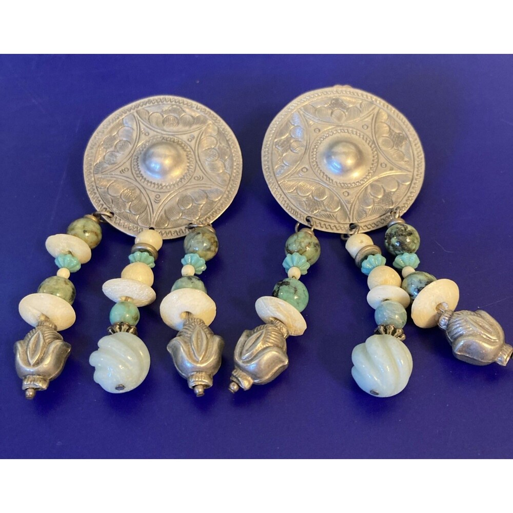 Vintage Silver Turquoise Dangle Earrings Navajo Style Clip On